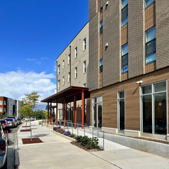 Exterior street view of the entry Maple Crest Apartments at Lee Walker Heights in Asheville, North Carolina.