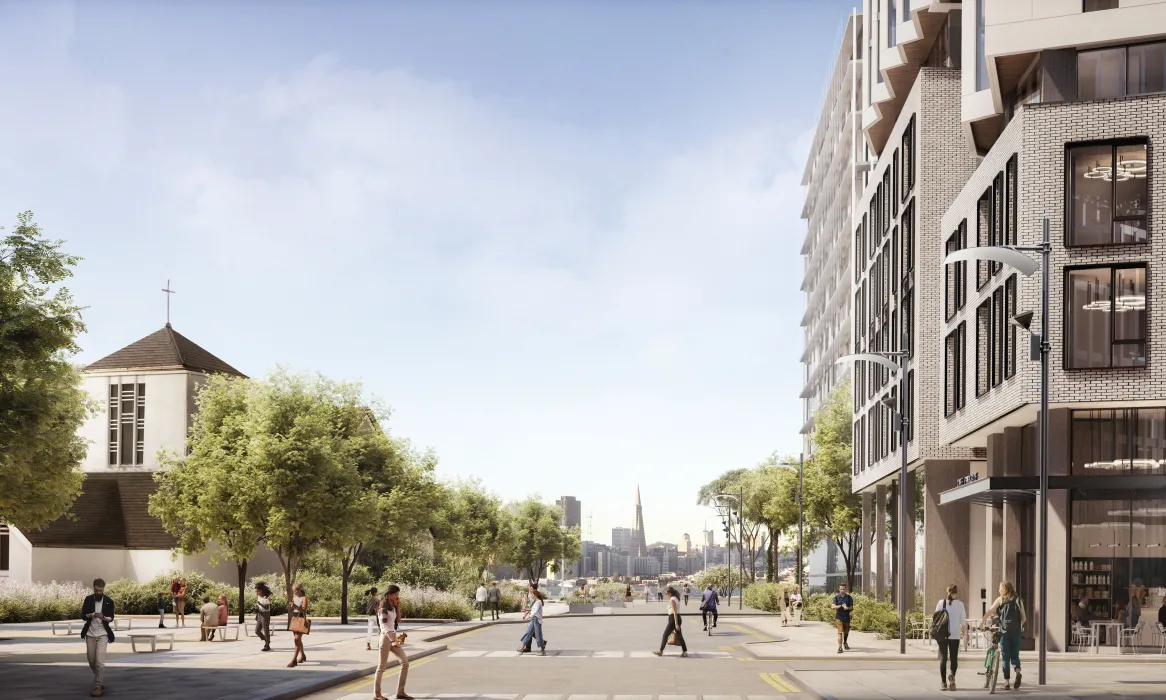 Exterior rendering of the street adjacent to Tidal House in Treasure Island, San Francisco, California.