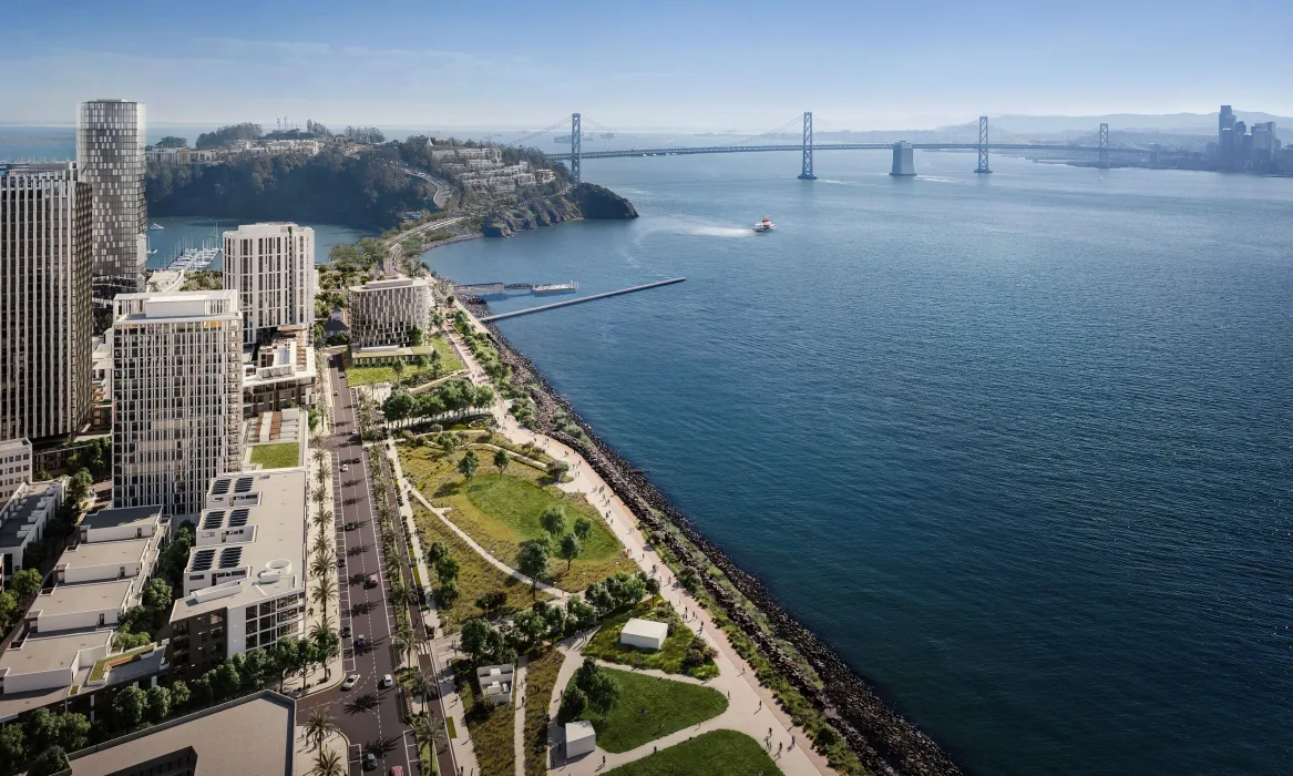 Exterior rendering of the San Francisco Bay and Tidal House in Treasure Island with Yerba Buena Island and the Bay Bridge in the background.
