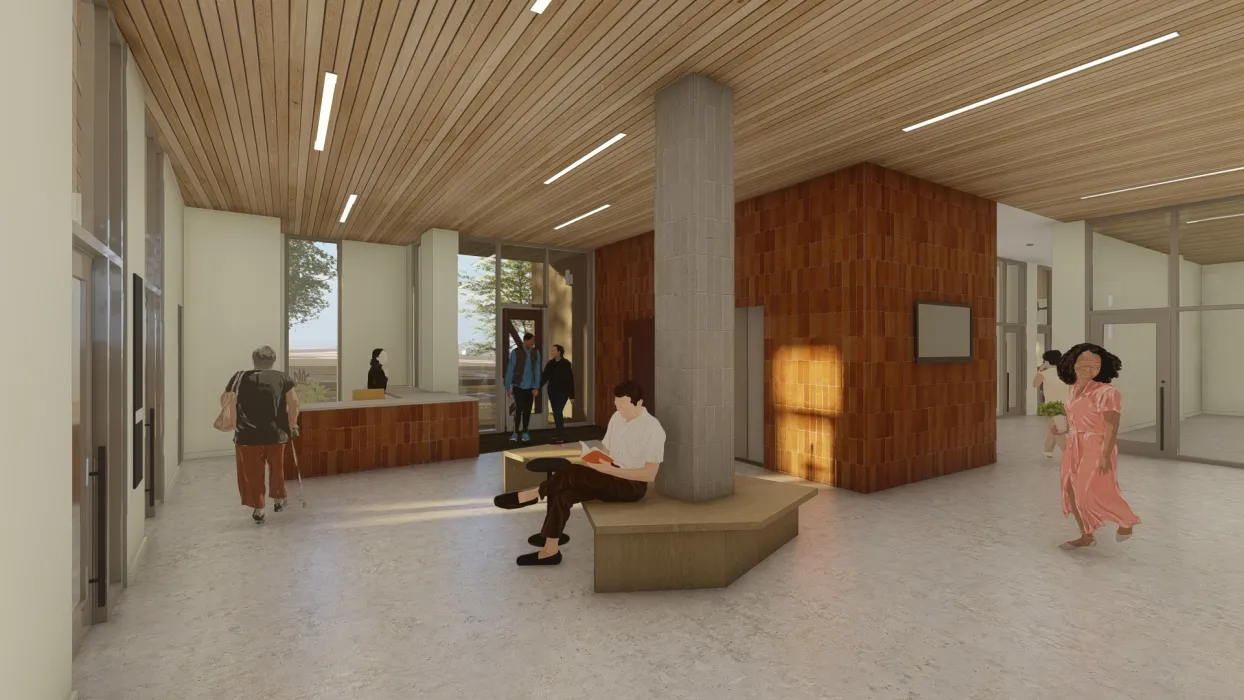 Interior rendering of the entry lobby for Park24 in Nashville, Tennessee. 