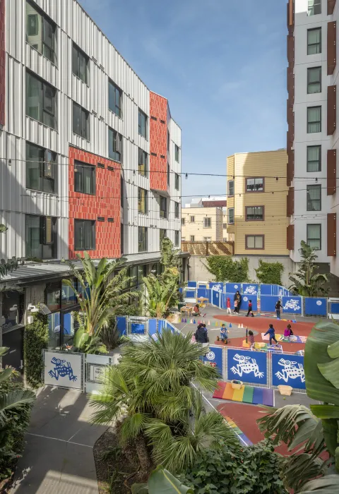 Courtyard and child care center at La Fenix in San Francisco.