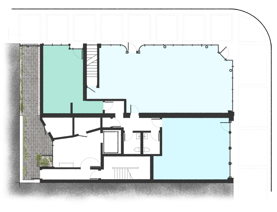 Ground level floor plan for 2nd & 20th in Birmingham, Alabama.