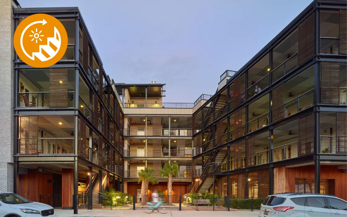 Wide porches support building circulation at Willams Terrace.
