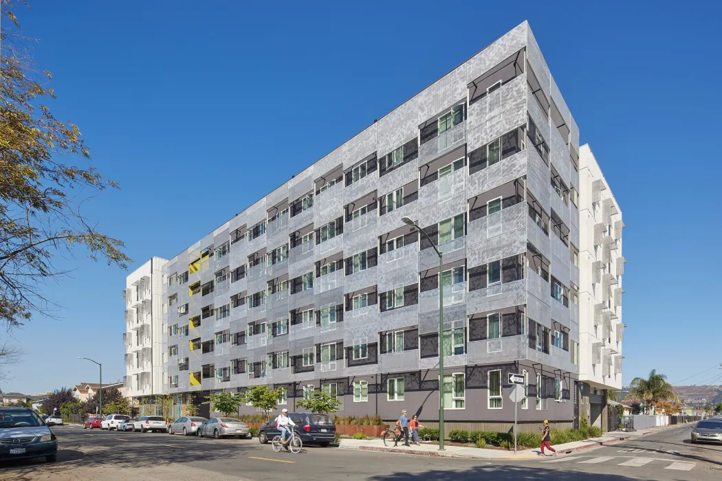 Exterior facade of Coliseum Place in Oakland, California.