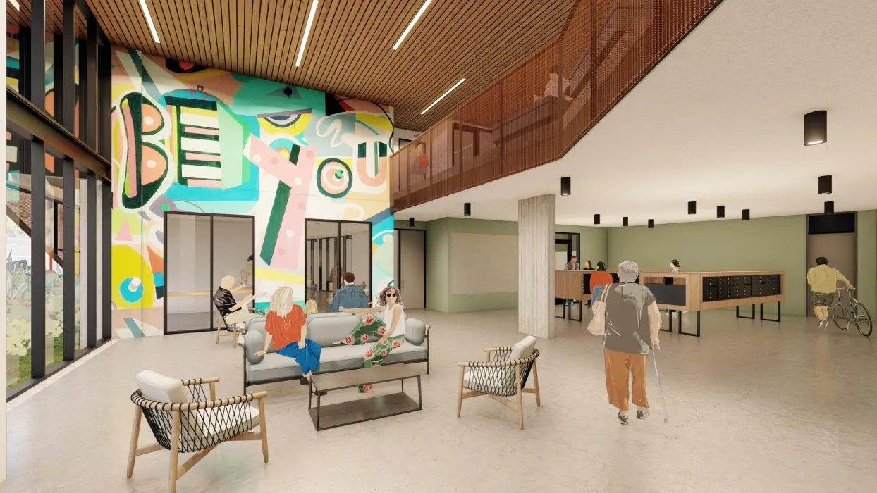 Interior rendering the lobby at Mercury Courts in Nashville, Tennessee.