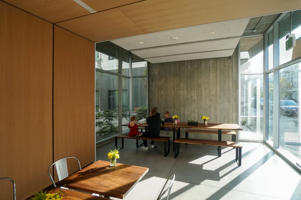Interior view of Johnny Doughnuts seating in San Francisco.
