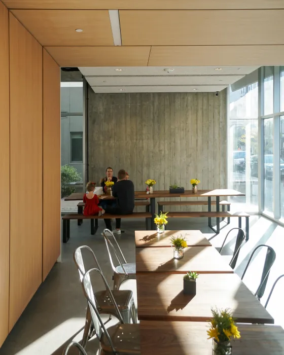 Interior view of Johnny Doughnuts seating in San Francisco.