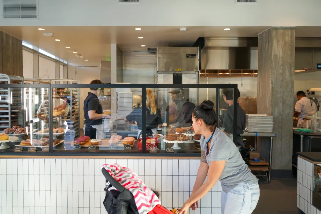 Interior view of the Johnny Doughnuts counter in San Francisco.