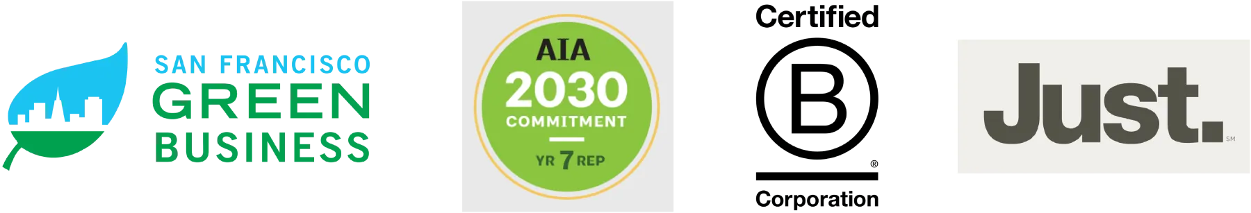 Icons for San Francisco Green Business, AIA 2030 Commitment, Certified B Corp, and Just Organization.
