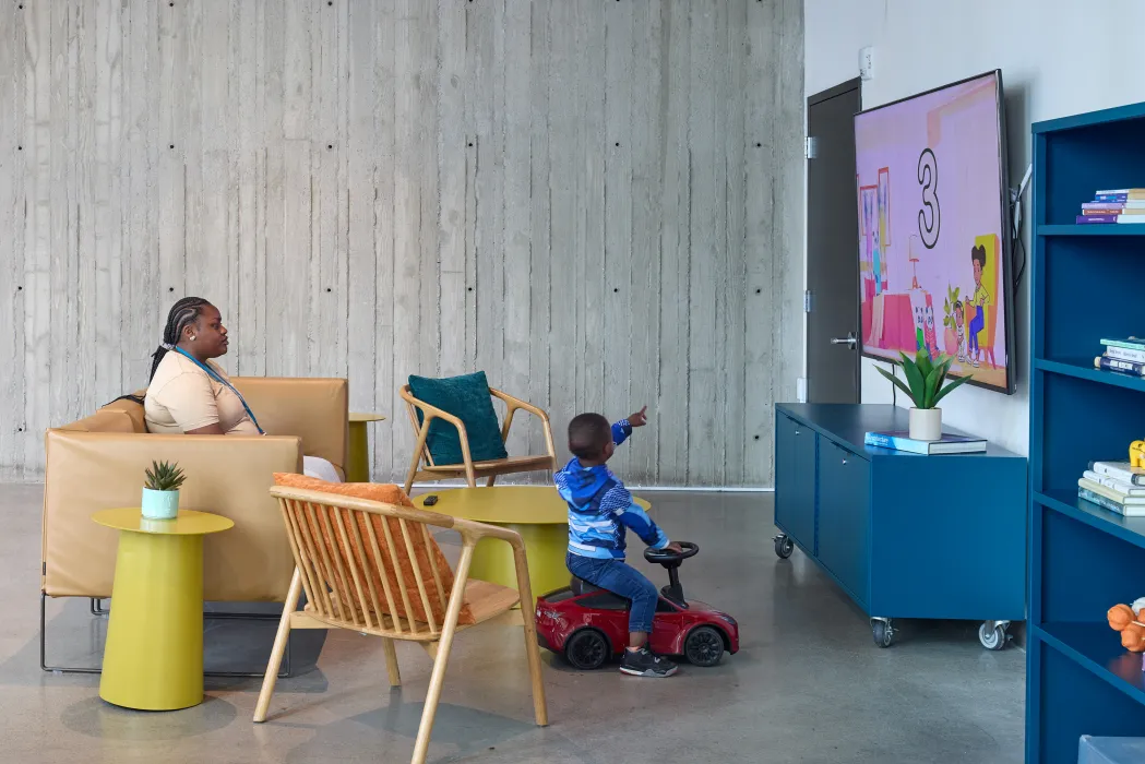 Community lounge inside 555 Larkin in San Francisco.