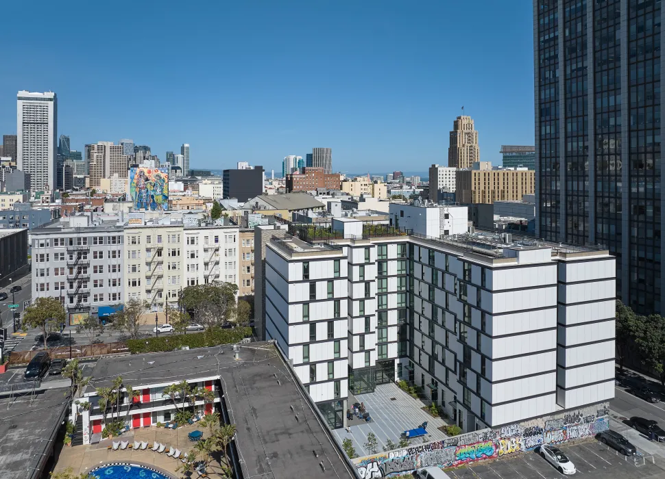 Aerial view of 555 Larkin in San Francisco.