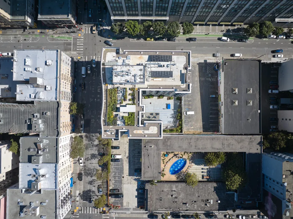 Aerial view of 555 Larkin in San Francisco.