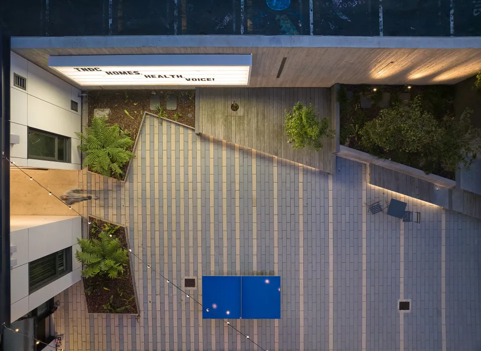 Aerial view of the courtyard at 555 Larkin in San Francisco.
