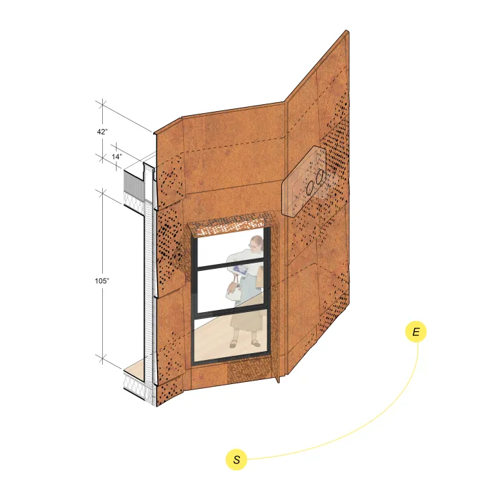 Diagram of the exterior facade for Harvey West Studios in Santa Cruz, California.