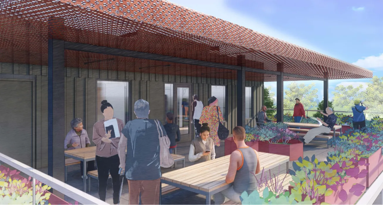 Rendered view of roof deck at Harvey West Studios in Santa Cruz.