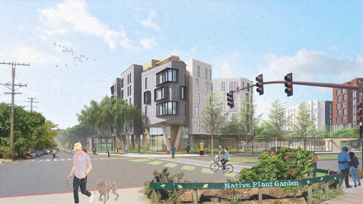 Exterior rendering of North Berkeley BART at Delaware and Sacramento Street in Berkeley, California.
