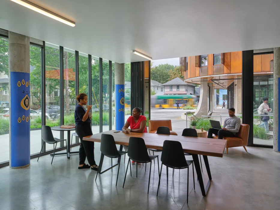 Interior view of Africatown Plaza lobby in Seattle.