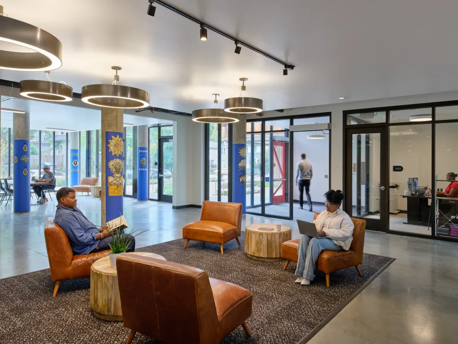 Interior view of Africatown Plaza lobby in Seattle.