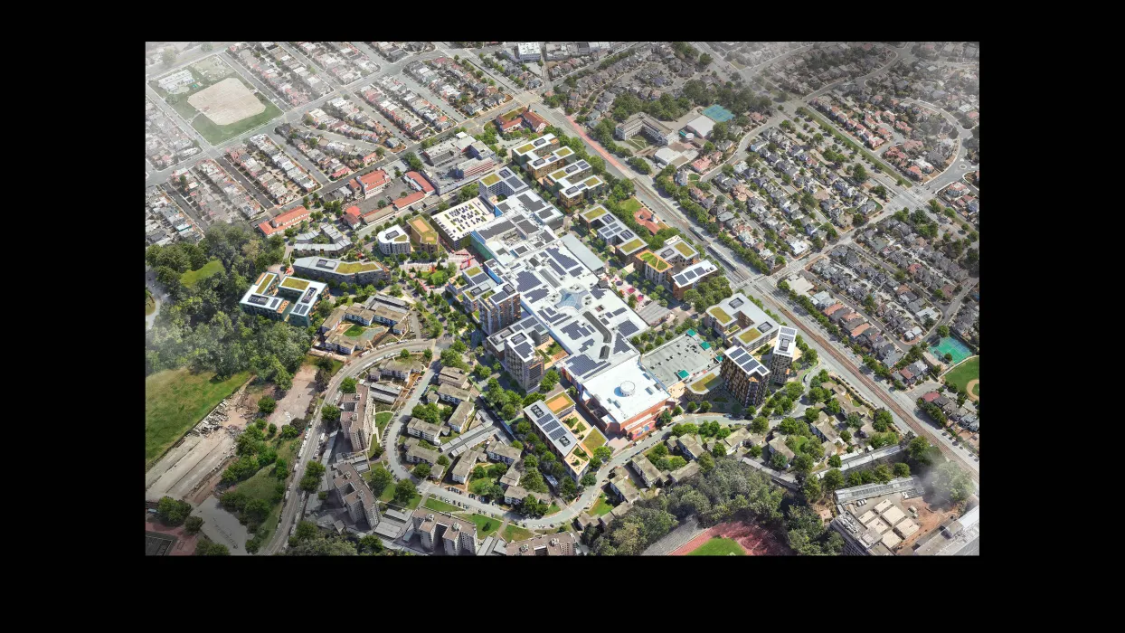 Exterior aerial rendering for Stonestown Galleria.