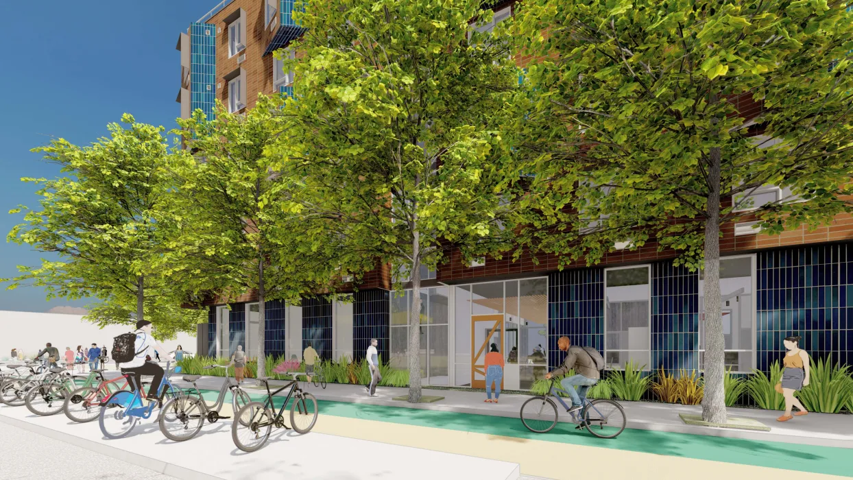 Exterior rendering for the entrance at 1633 Valencia.