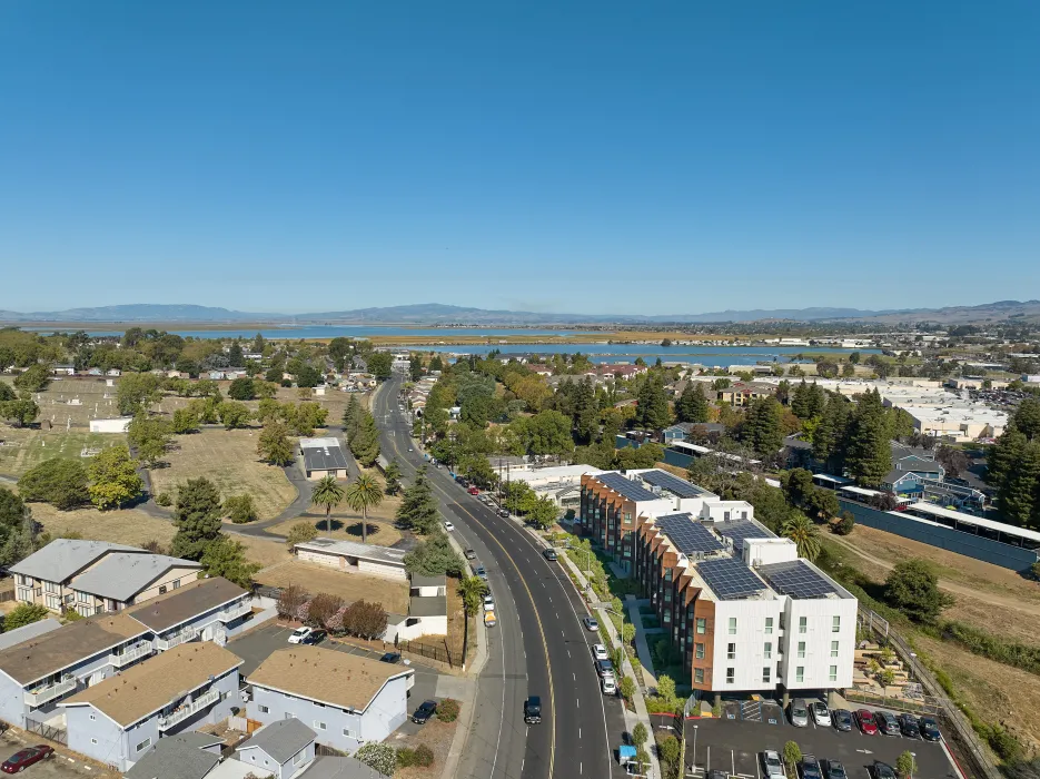 Exterior aerial view of Blue Oak Landing with the Napa River in the foreground in Vallejo, California.