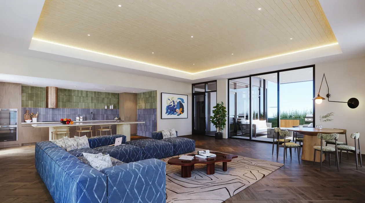 Interior rendering of the resident lounge inside 420 Mendocino in Santa Rose, California.