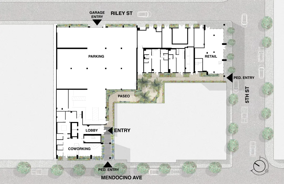 Ground level site plan for 420 Mendocino in Santa Rosa, California.