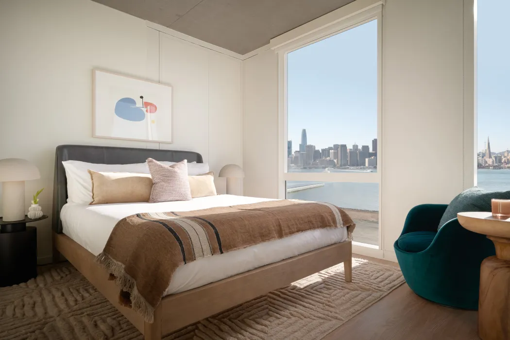 Resident bedroom at Isle House on Treasure Island in San Francisco.