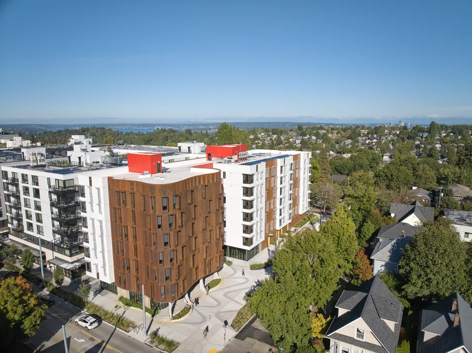 Exterior aerial view of Africatown Plaza in Seattle.