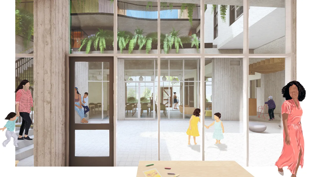 Rendering of the lower courtyard at 850 Turk.