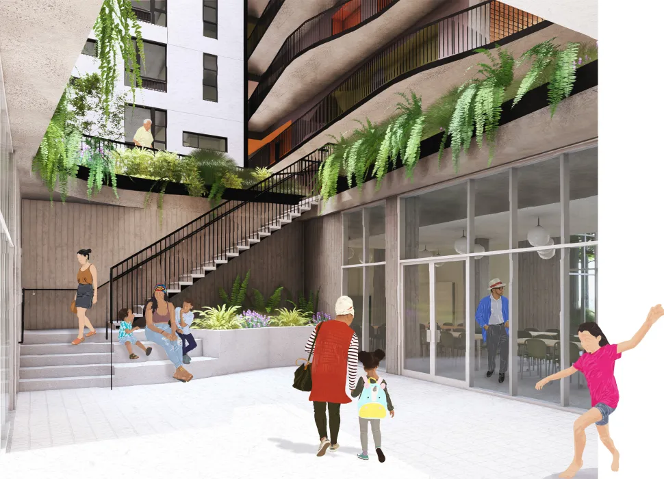 Rendering of the upper courtyard at 850 Turk.