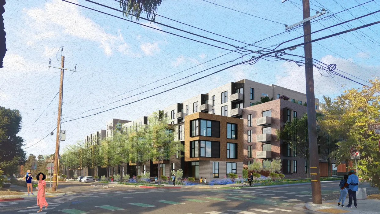 Exterior rendering of North Berkeley BART on the corner of Acton and Delaware Street in Berkeley, California.
