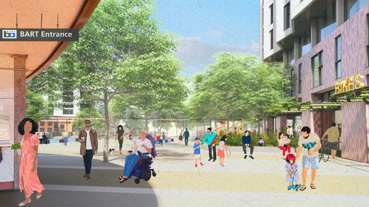 Exterior rendering of North Berkeley BART courtyard in Berkeley, California.