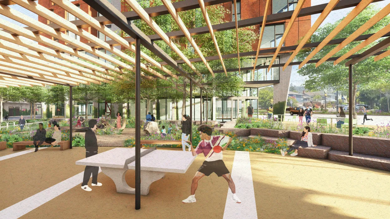 Exterior rendering of North Berkeley BART play area courtyard in Berkeley, California.