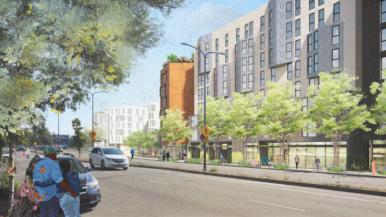 Exterior rendering of North Berkeley BART on Sacramento Street in Berkeley, California.