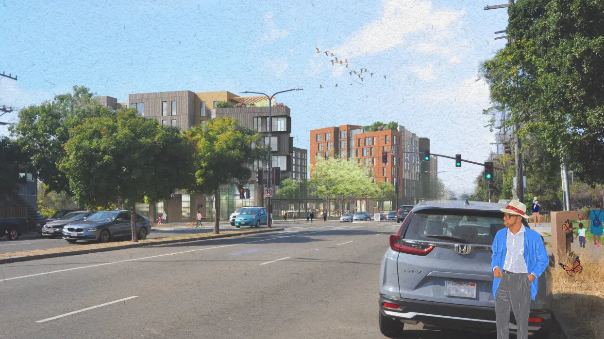 Exterior rendering of North Berkeley BART on Sacramento Street in Berkeley, California.
