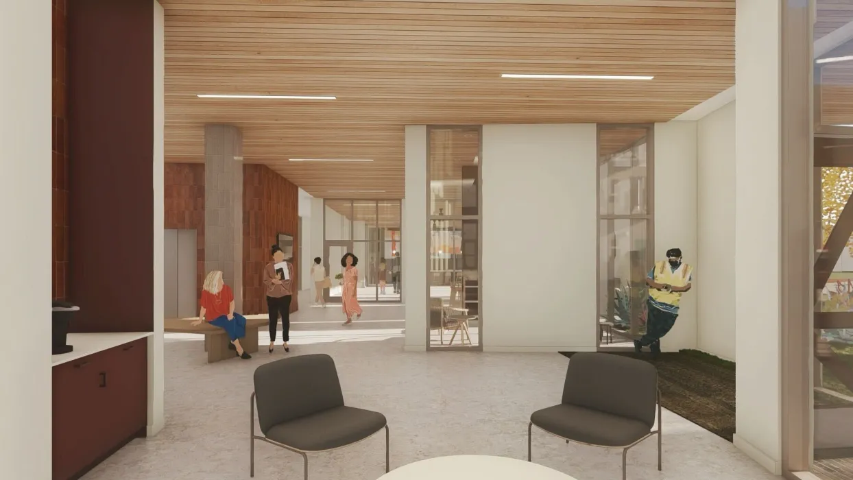 Interior rendering of the entry lobby for Park24 in Nashville, Tennessee. 