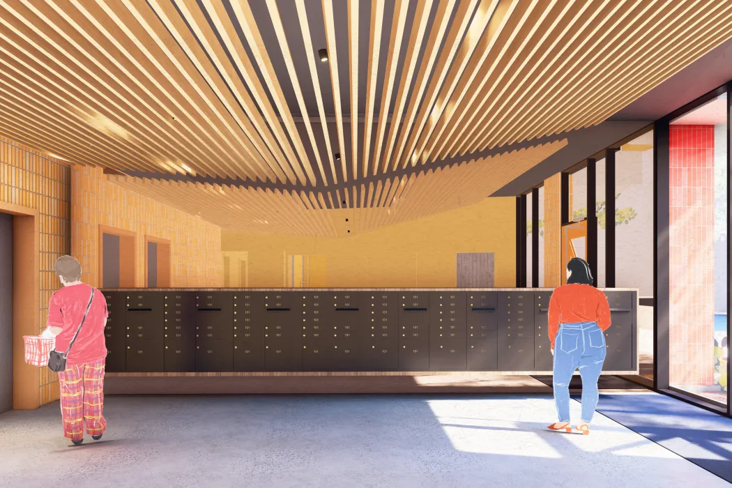 Interior rendering of the entry wall and mailboxes at 750 Golden Gate.
