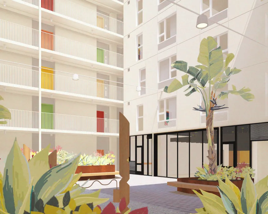 Rendering of the courtyard to 750 Golden Gate.