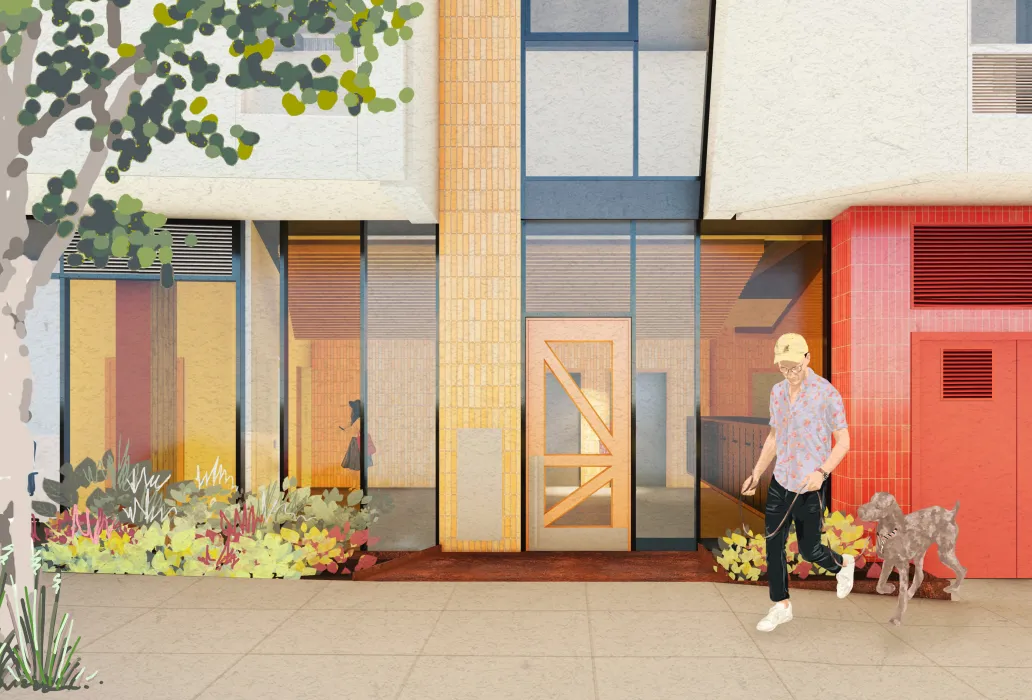 Exterior rendering of the entrance to 750 Golden Gate.