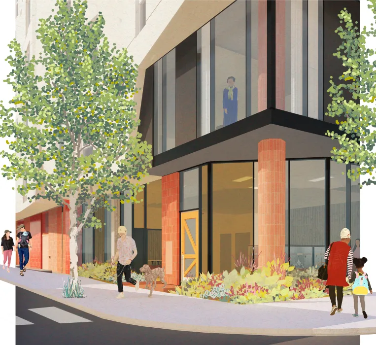 Exterior rendering of the entry to 750 Golden Gate.