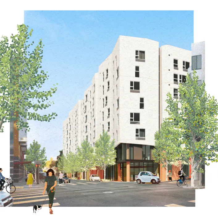 Exterior rendering of the corner at 750 Golden Gate.