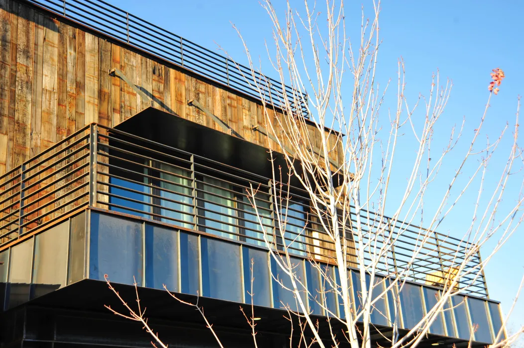 Exterior view of Truckee Prototype Mixed-Use Townhouse balcony in Truckee, California.