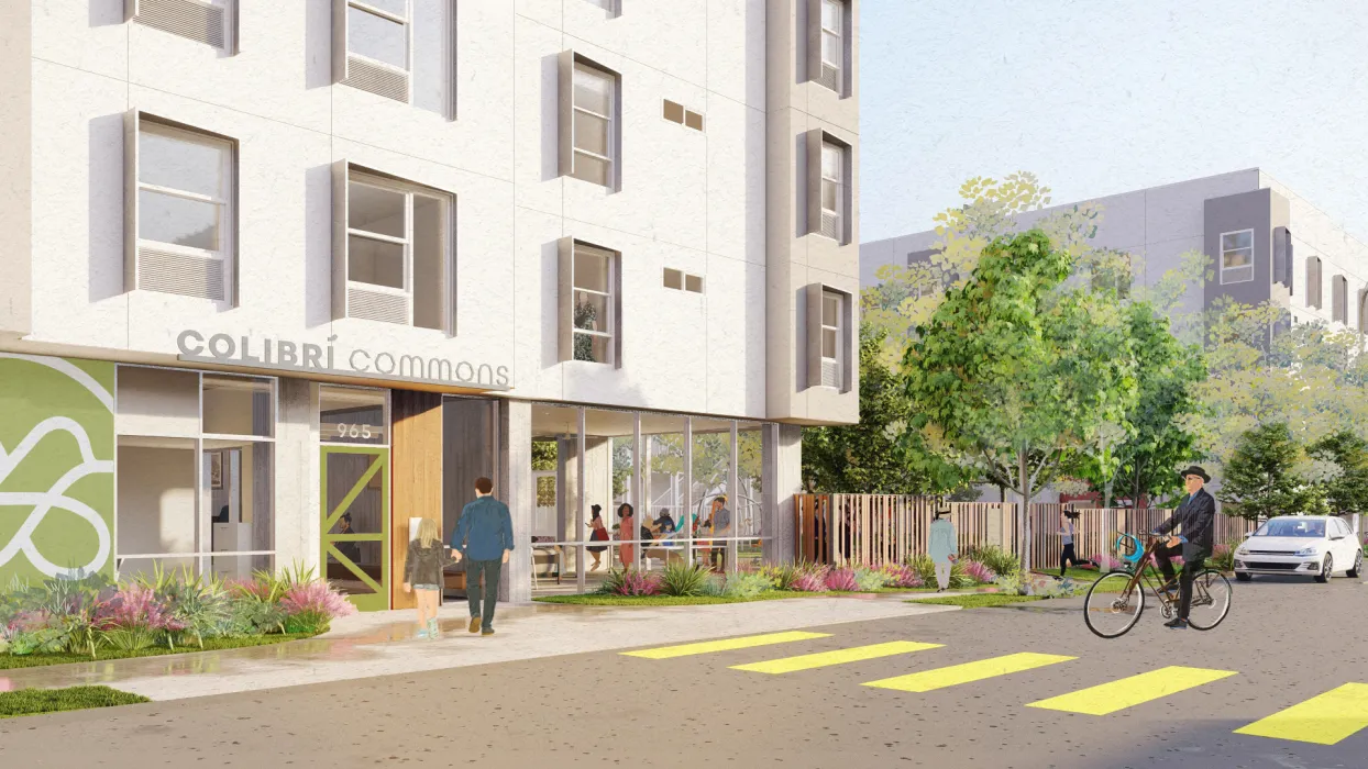 Exterior rendering of the entry to Colibrí Commons in East Palo Alto, California.
