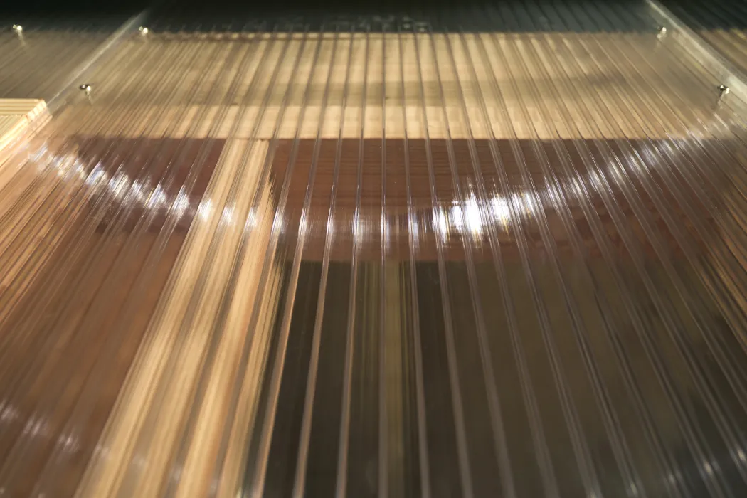 Detail of the translucent double-walled polycarbonate panels at Wyatt Builds office.