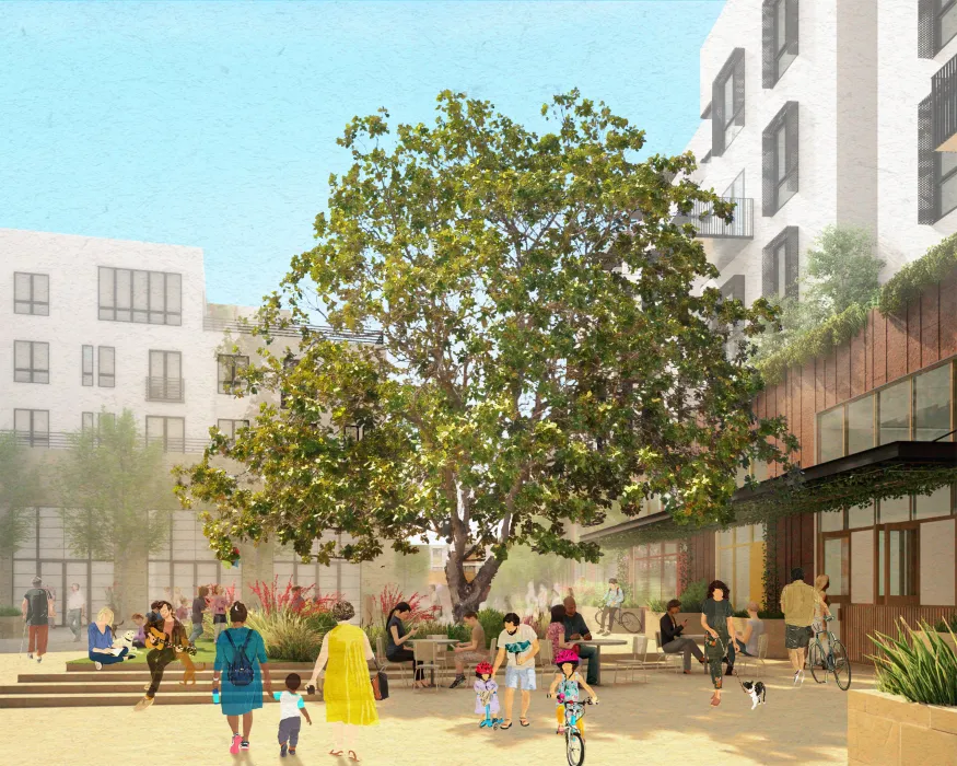 Exterior rendering of the main courtyard at The Neighborhood of State & Hope.