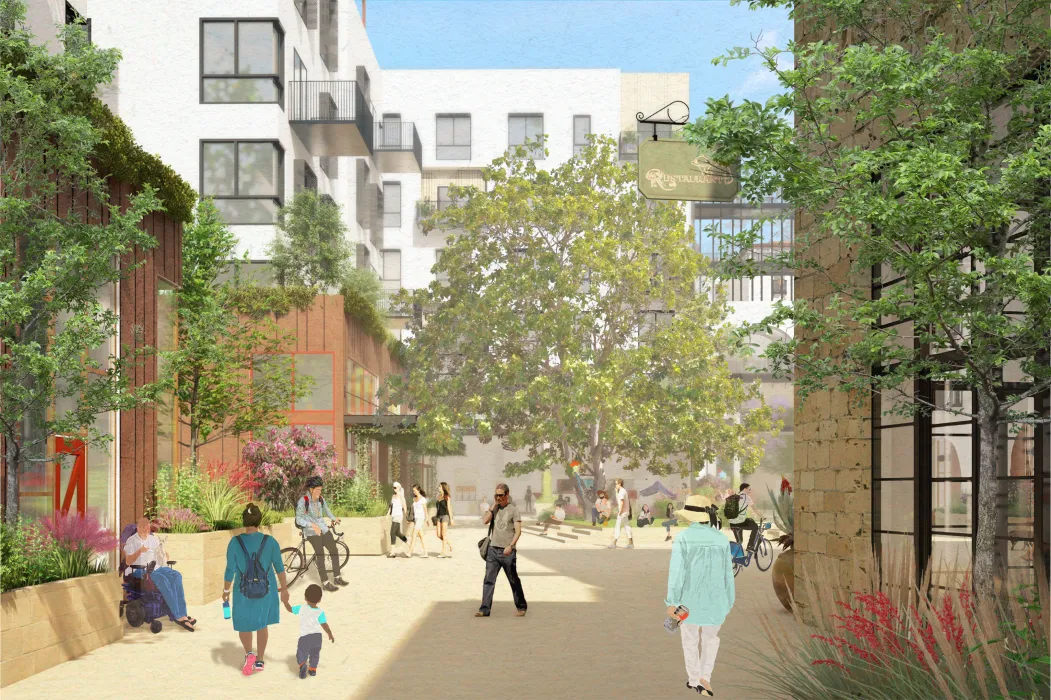 Exterior rendering of the main courtyard at The Neighborhood of State & Hope.