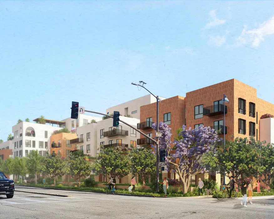 Exterior street rendering corner of State and Plaza the at The Neighborhood of State & Hope.