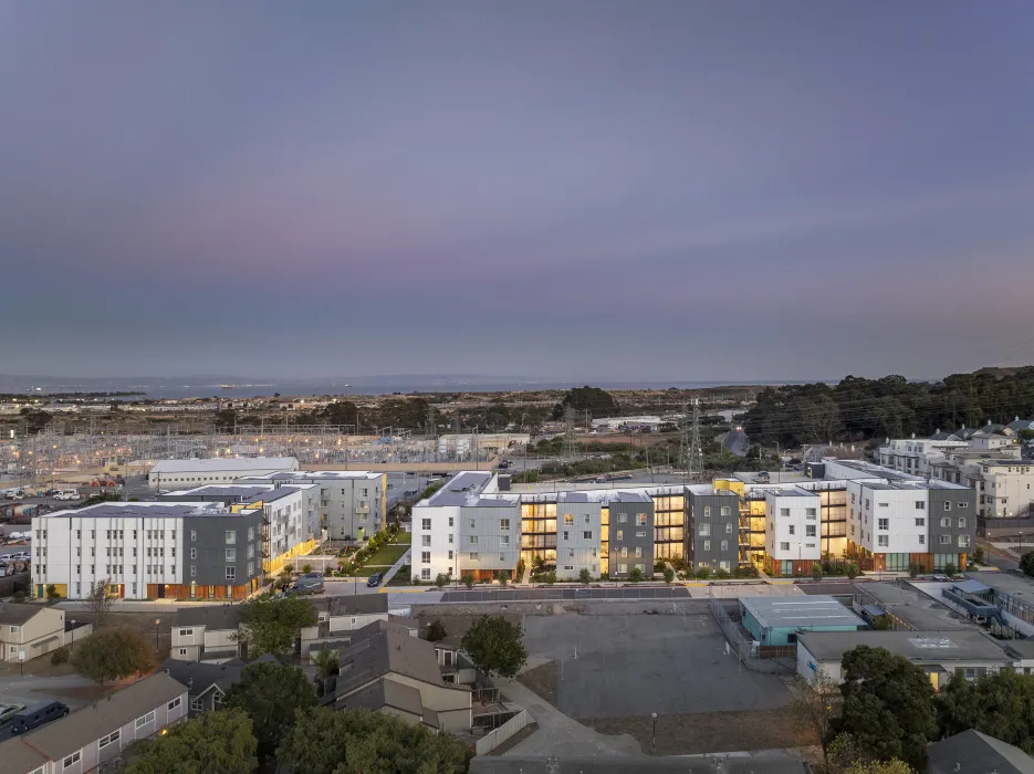 Aerial view at dusk of 88 Park Street at Midway Village.