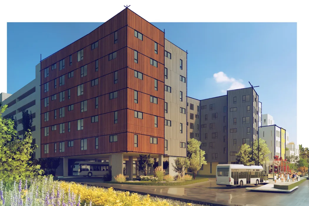 Exterior rendering the Artist Lofts transportation hub.